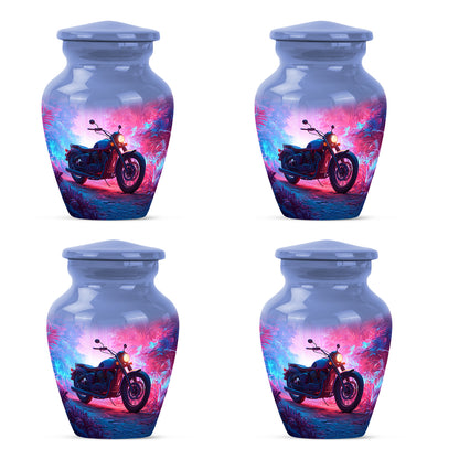 Vivid Blue Bike Cremation Urn side profile showing urn shape - elegant classic bike relief with fine detailing - 10 inch aluminum urn for cremated remains