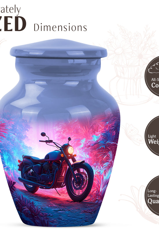 Sapphire Blue Bike Cremation Urn close-up of engraving and surface detail - elegant classic bike relief with fine detailing - mini keepsake memorial for portion of cremation ashes