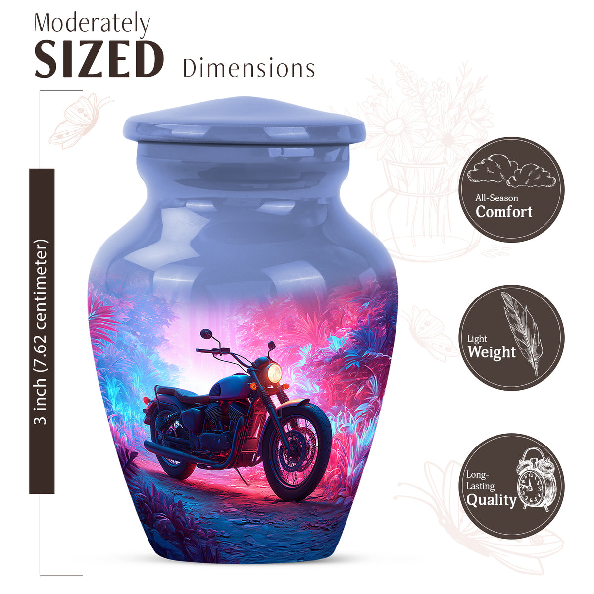 Sapphire Blue Bike Cremation Urn close-up of engraving and surface detail - elegant classic bike relief with fine detailing - mini keepsake memorial for portion of cremation ashes