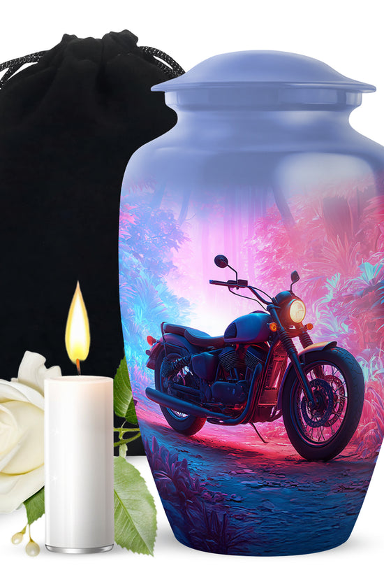 Vivid Blue Bike Cremation Urn angled view of lid and engraved motif - elegant classic bike relief with fine detailing - full-size 10 inch 200 cubic inch adult cremation urn