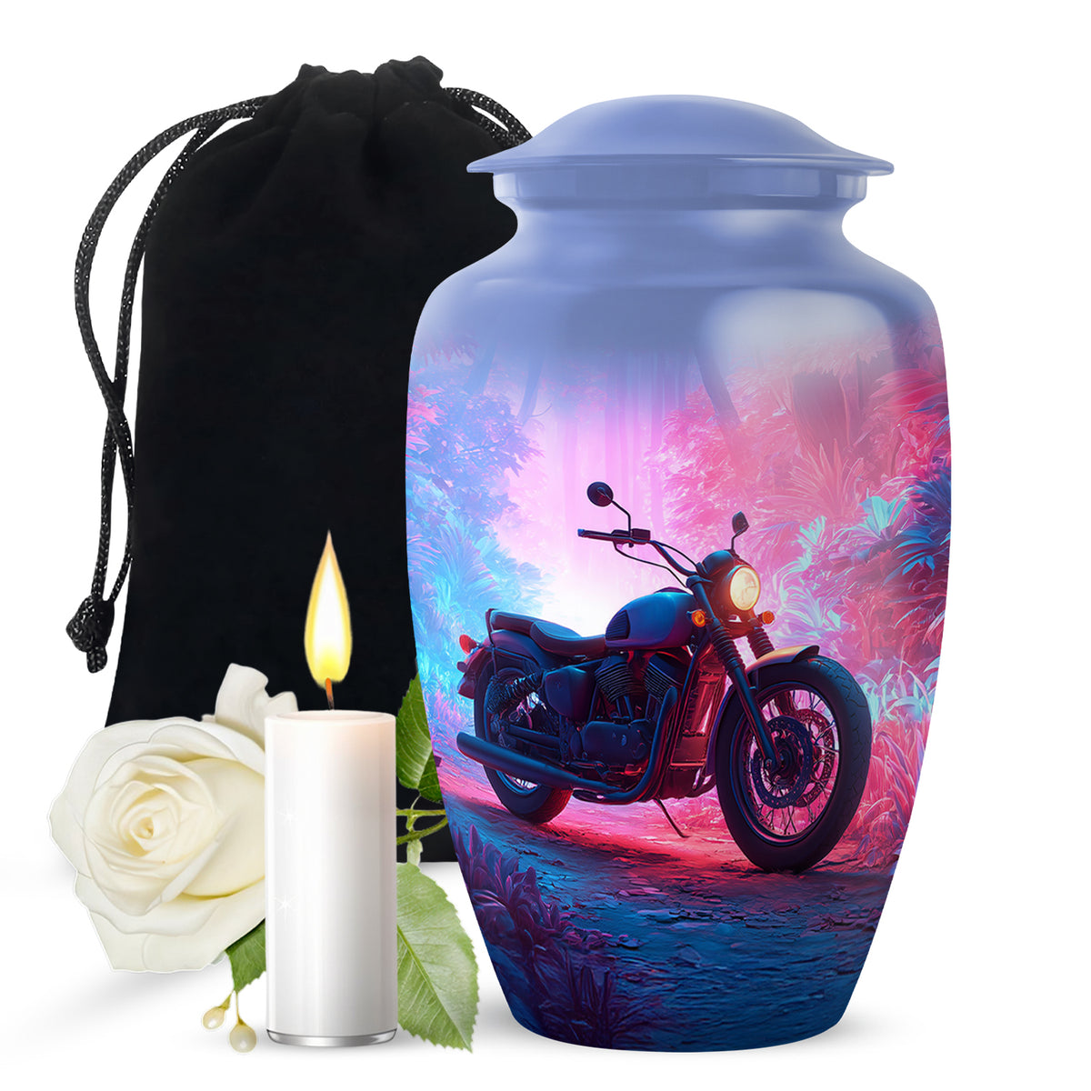 Vivid Blue Bike Cremation Urn angled view of lid and engraved motif - elegant classic bike relief with fine detailing - full-size 10 inch 200 cubic inch adult cremation urn
