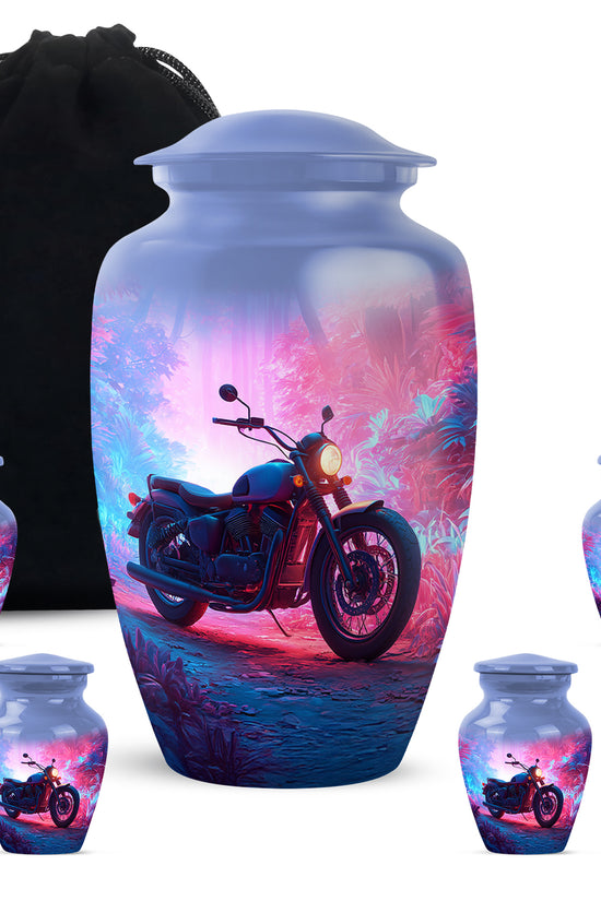Pastel Blue Bike Cremation Urn top-down view of secure threaded lid - classic sculpted bike pattern on smooth aluminum - memorial set with one large and four small urns