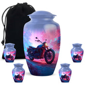 Pastel Blue Bike Cremation Urn top-down view of secure threaded lid - classic sculpted bike pattern on smooth aluminum - memorial set with one large and four small urns