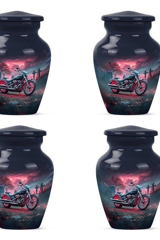 Calming Blue Bike Cremation Urn side profile showing urn shape - elegant classic bike relief with fine detailing - 10 inch aluminum urn for cremated remains