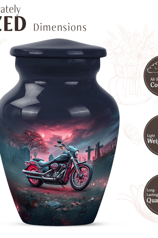 Sapphire Blue Bike Cremation Urn close-up of engraving and surface detail - traditional bike engraving with hand-polished finish - mini keepsake memorial for portion of cremation ashes
