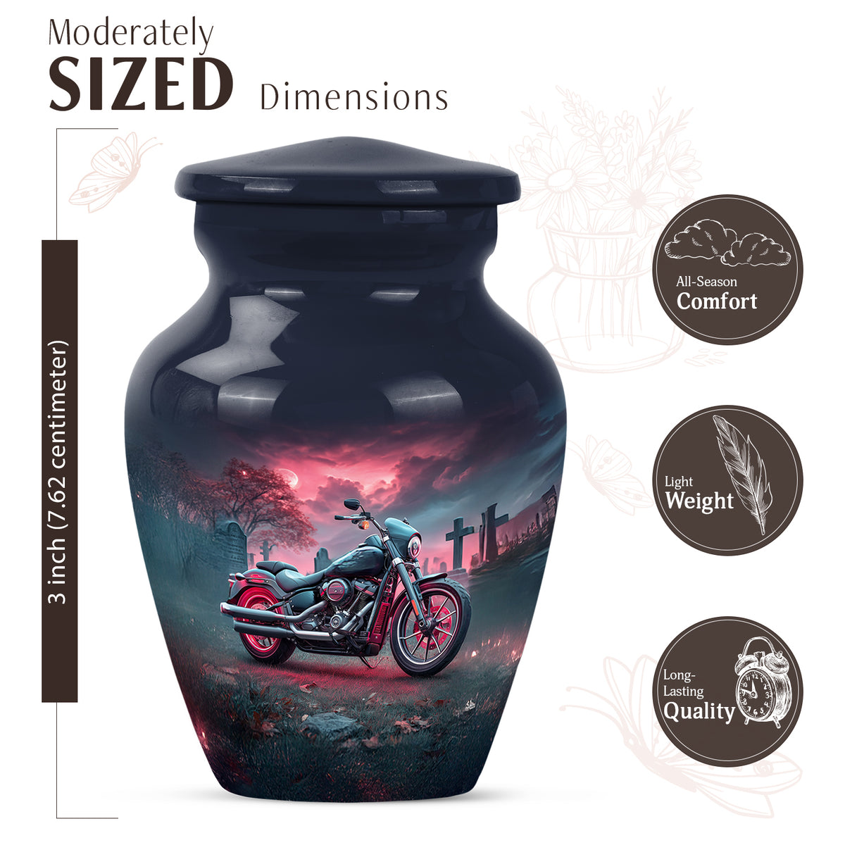 Sapphire Blue Bike Cremation Urn close-up of engraving and surface detail - traditional bike engraving with hand-polished finish - mini keepsake memorial for portion of cremation ashes