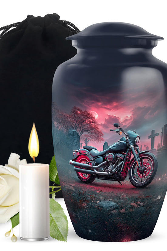 Sky Blue Bike Cremation Urn angled view of lid and engraved motif - classic sculpted bike pattern on smooth aluminum - full-size 10 inch 200 cubic inch adult cremation urn