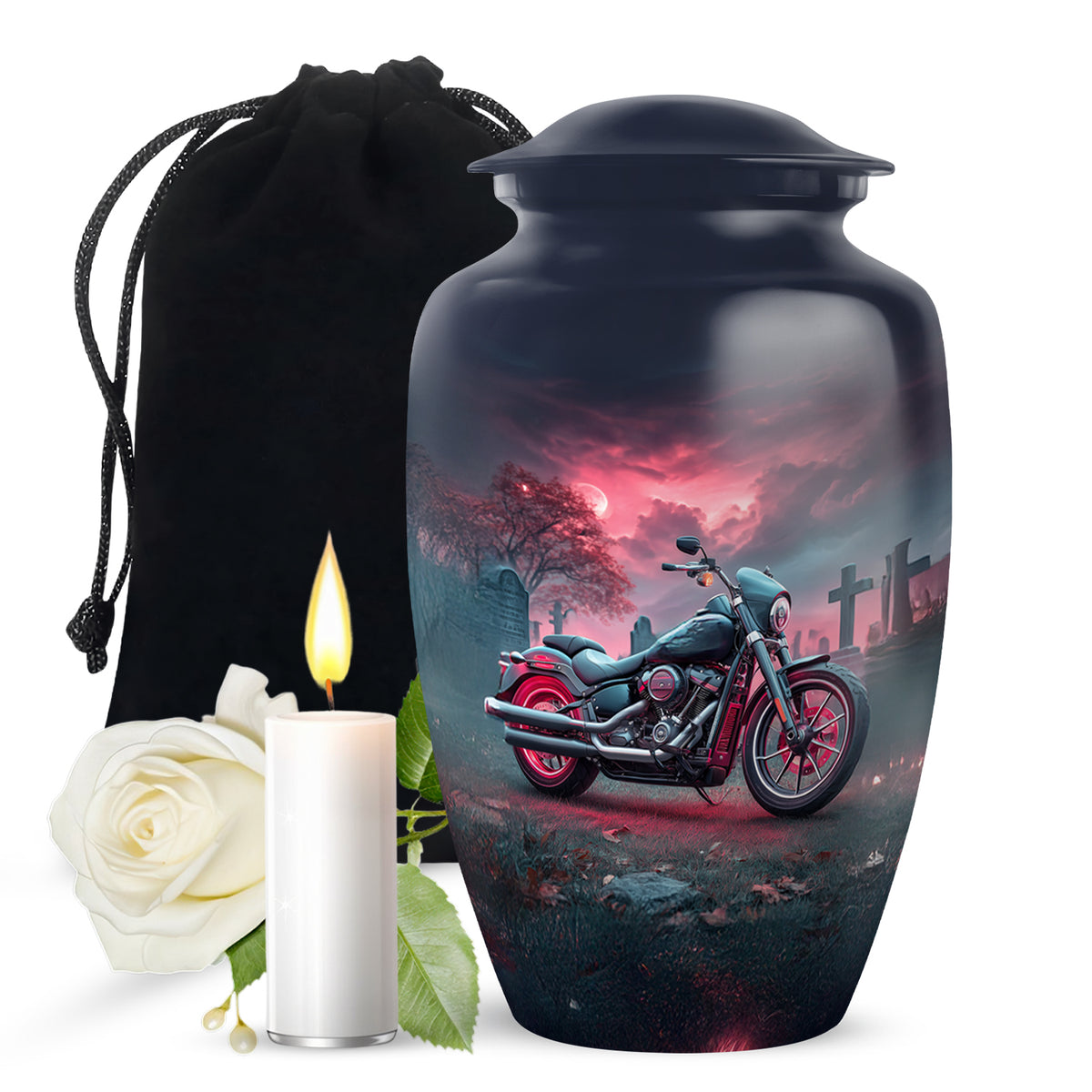 Sky Blue Bike Cremation Urn angled view of lid and engraved motif - classic sculpted bike pattern on smooth aluminum - full-size 10 inch 200 cubic inch adult cremation urn