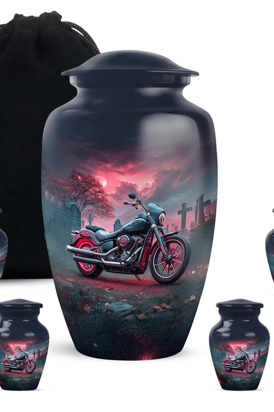 Navy Blue Bike Cremation Urn top-down view of secure threaded lid - classic sculpted bike pattern on smooth aluminum - memorial set with one large and four small urns