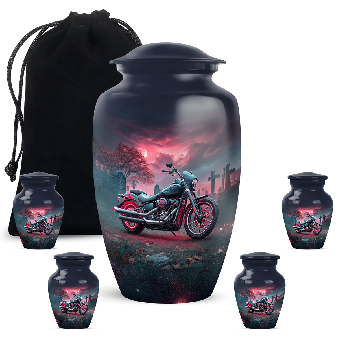 Navy Blue Bike Cremation Urn top-down view of secure threaded lid - classic sculpted bike pattern on smooth aluminum - memorial set with one large and four small urns