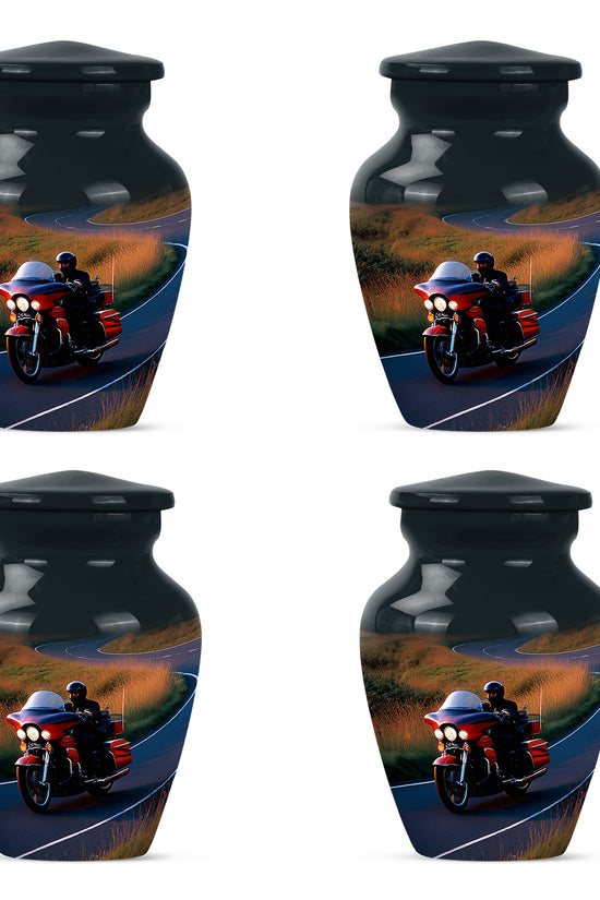 Cornflower Blue Bike Cremation Urn side profile showing urn shape - traditional bike engraving with hand-polished finish - 10 inch aluminum urn for cremated remains