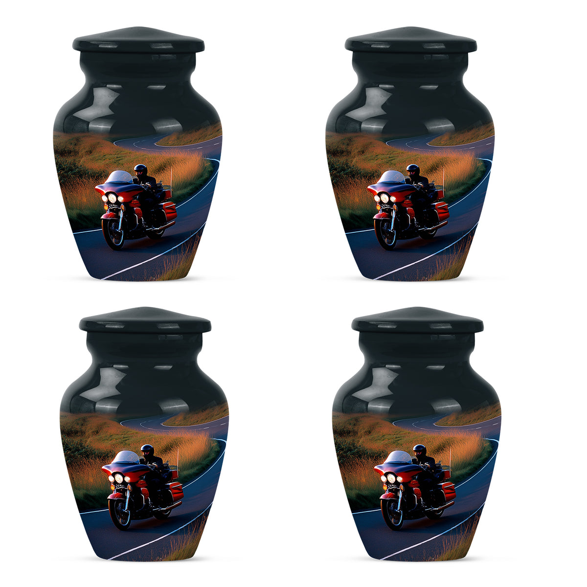 Cornflower Blue Bike Cremation Urn side profile showing urn shape - traditional bike engraving with hand-polished finish - 10 inch aluminum urn for cremated remains