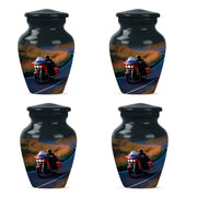 Cornflower Blue Bike Cremation Urn side profile showing urn shape - traditional bike engraving with hand-polished finish - 10 inch aluminum urn for cremated remains