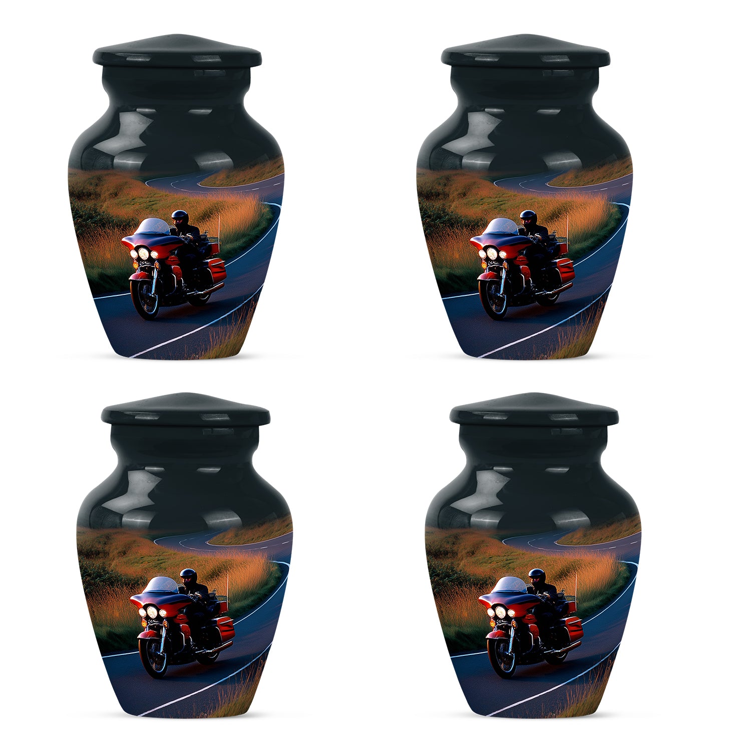 Cornflower Blue Bike Cremation Urn side profile showing urn shape - traditional bike engraving with hand-polished finish - 10 inch aluminum urn for cremated remains