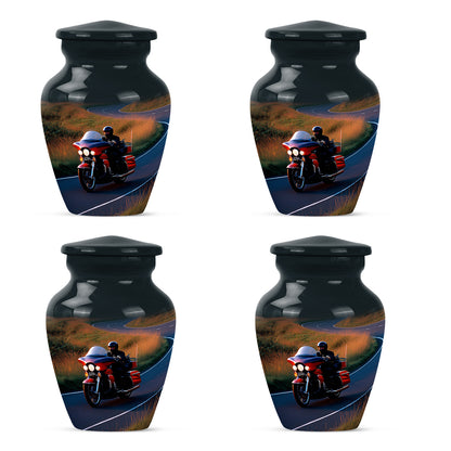 Cornflower Blue Bike Cremation Urn side profile showing urn shape - traditional bike engraving with hand-polished finish - 10 inch aluminum urn for cremated remains