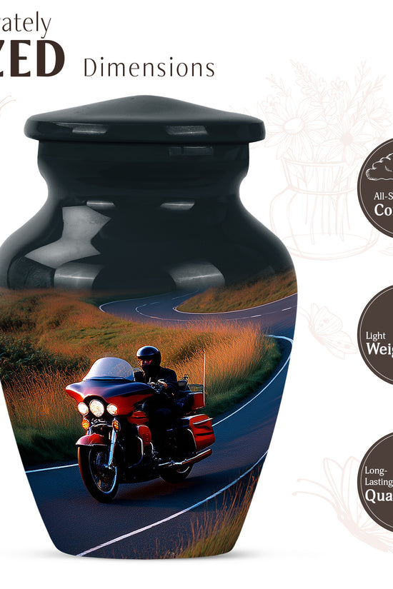 Azure Bike Cremation Urn close-up of engraving and surface detail - timeless bike motif etched into premium metal - mini keepsake memorial for portion of cremation ashes