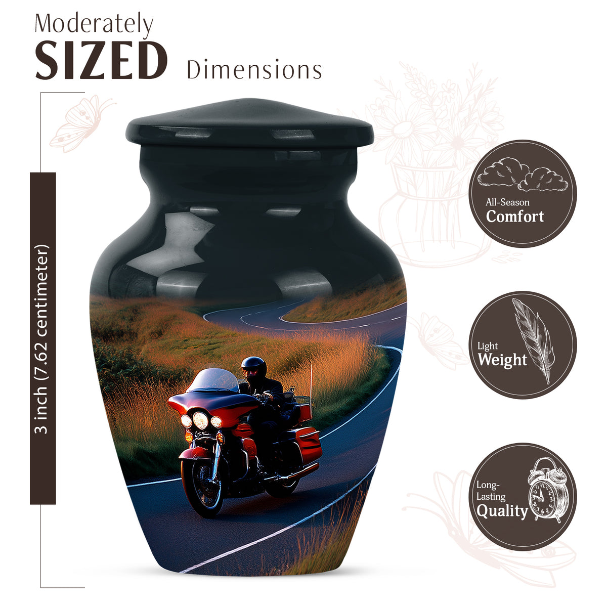Azure Bike Cremation Urn close-up of engraving and surface detail - timeless bike motif etched into premium metal - mini keepsake memorial for portion of cremation ashes