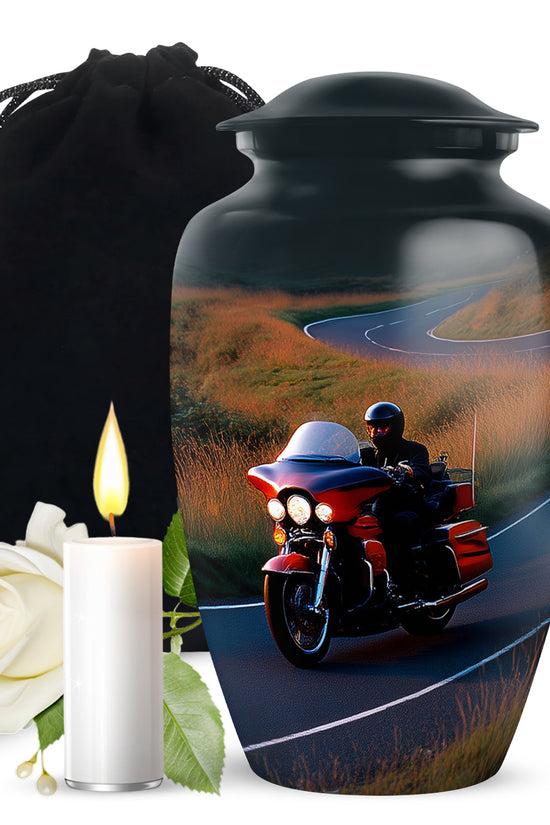 Soft Blue Bike Cremation Urn angled view of lid and engraved motif - elegant classic bike relief with fine detailing - full-size 10 inch 200 cubic inch adult cremation urn