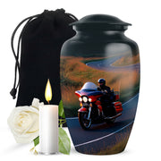 Soft Blue Bike Cremation Urn angled view of lid and engraved motif - elegant classic bike relief with fine detailing - full-size 10 inch 200 cubic inch adult cremation urn