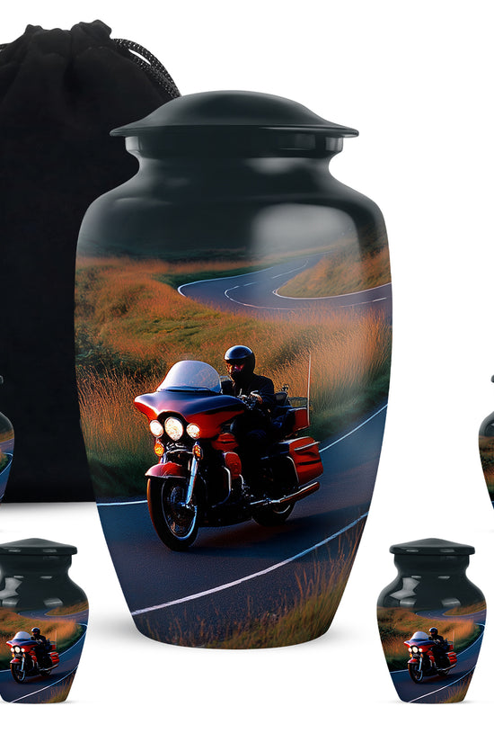 Sky Blue Bike Cremation Urn top-down view of secure threaded lid - timeless bike motif etched into premium metal - memorial set with one large and four small urns