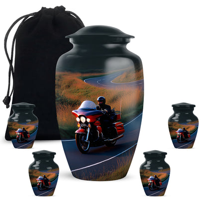 Sky Blue Bike Cremation Urn top-down view of secure threaded lid - timeless bike motif etched into premium metal - memorial set with one large and four small urns