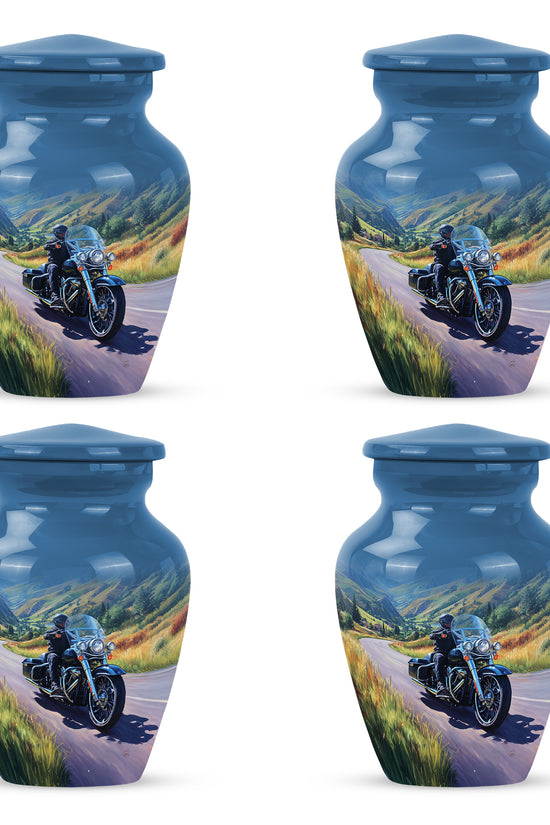 Navy Blue Bike Cremation Urn side profile showing urn shape - timeless bike motif etched into premium metal - 10 inch aluminum urn for cremated remains