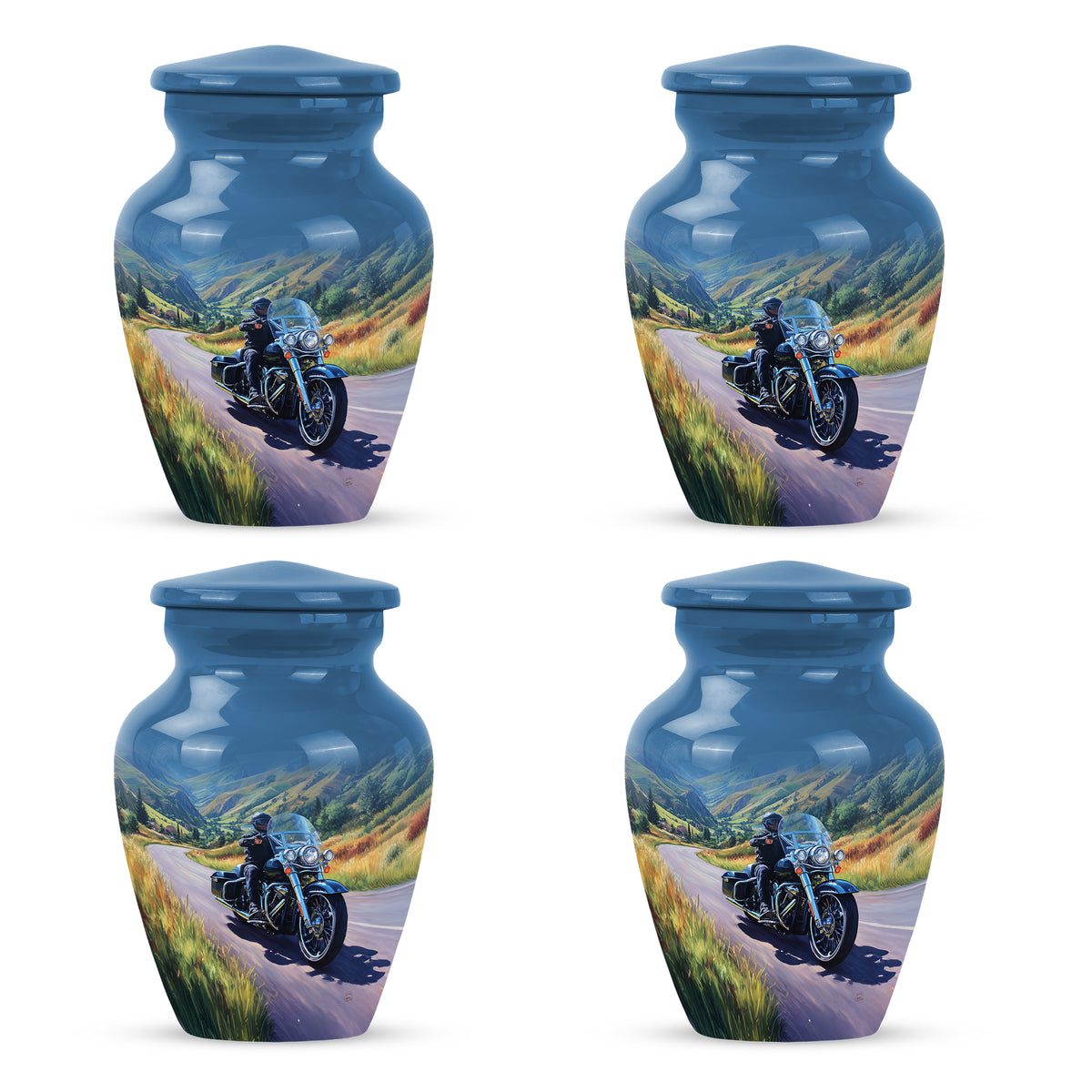 Navy Blue Bike Cremation Urn side profile showing urn shape - timeless bike motif etched into premium metal - 10 inch aluminum urn for cremated remains