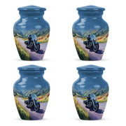 Navy Blue Bike Cremation Urn side profile showing urn shape - timeless bike motif etched into premium metal - 10 inch aluminum urn for cremated remains