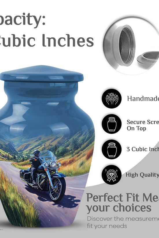 Slate Blue Bike Cremation Urn close-up of engraving and surface detail - classic sculpted bike pattern on smooth aluminum - mini keepsake memorial for portion of cremation ashes