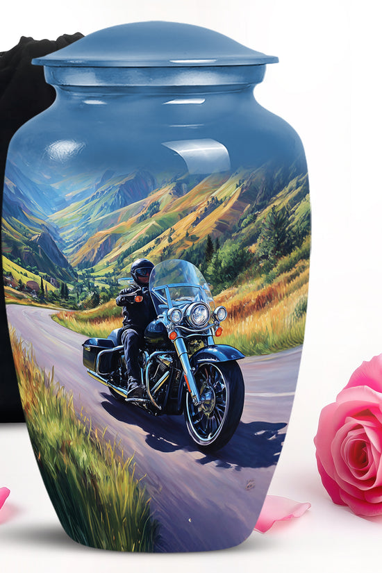 Slate Blue Bike Cremation Urn angled view of lid and engraved motif - classic sculpted bike pattern on smooth aluminum - full-size 10 inch 200 cubic inch adult cremation urn
