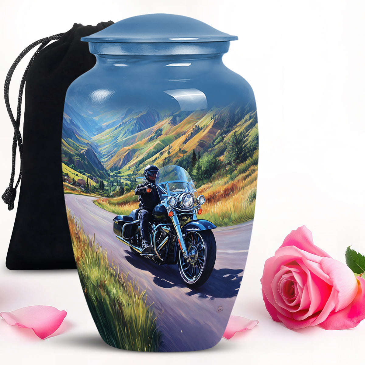 Slate Blue Bike Cremation Urn angled view of lid and engraved motif - classic sculpted bike pattern on smooth aluminum - full-size 10 inch 200 cubic inch adult cremation urn