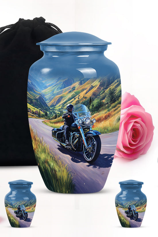 Calming Blue Bike Cremation Urn top-down view of secure threaded lid - traditional bike engraving with hand-polished finish - memorial set with one large and four small urns