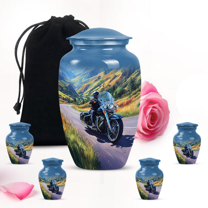 Calming Blue Bike Cremation Urn top-down view of secure threaded lid - traditional bike engraving with hand-polished finish - memorial set with one large and four small urns