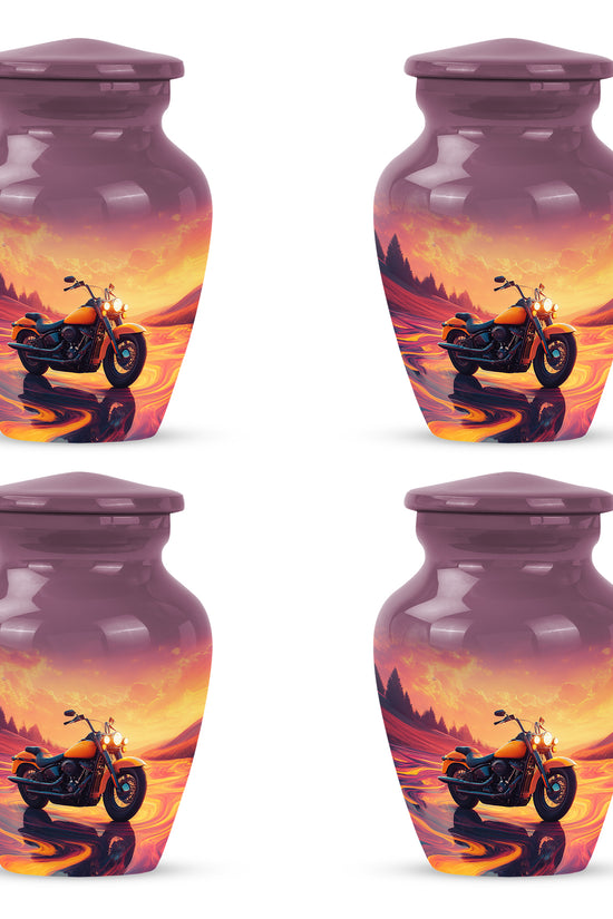 Pastel Pink Bike Cremation Urn side profile showing urn shape - timeless bike motif etched into premium metal - 10 inch aluminum urn for cremated remains