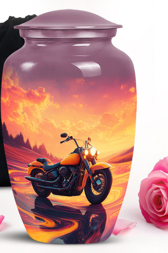 Blush Pink Bike Cremation Urn angled view of lid and engraved motif - classic sculpted bike pattern on smooth aluminum - full-size 10 inch 200 cubic inch adult cremation urn