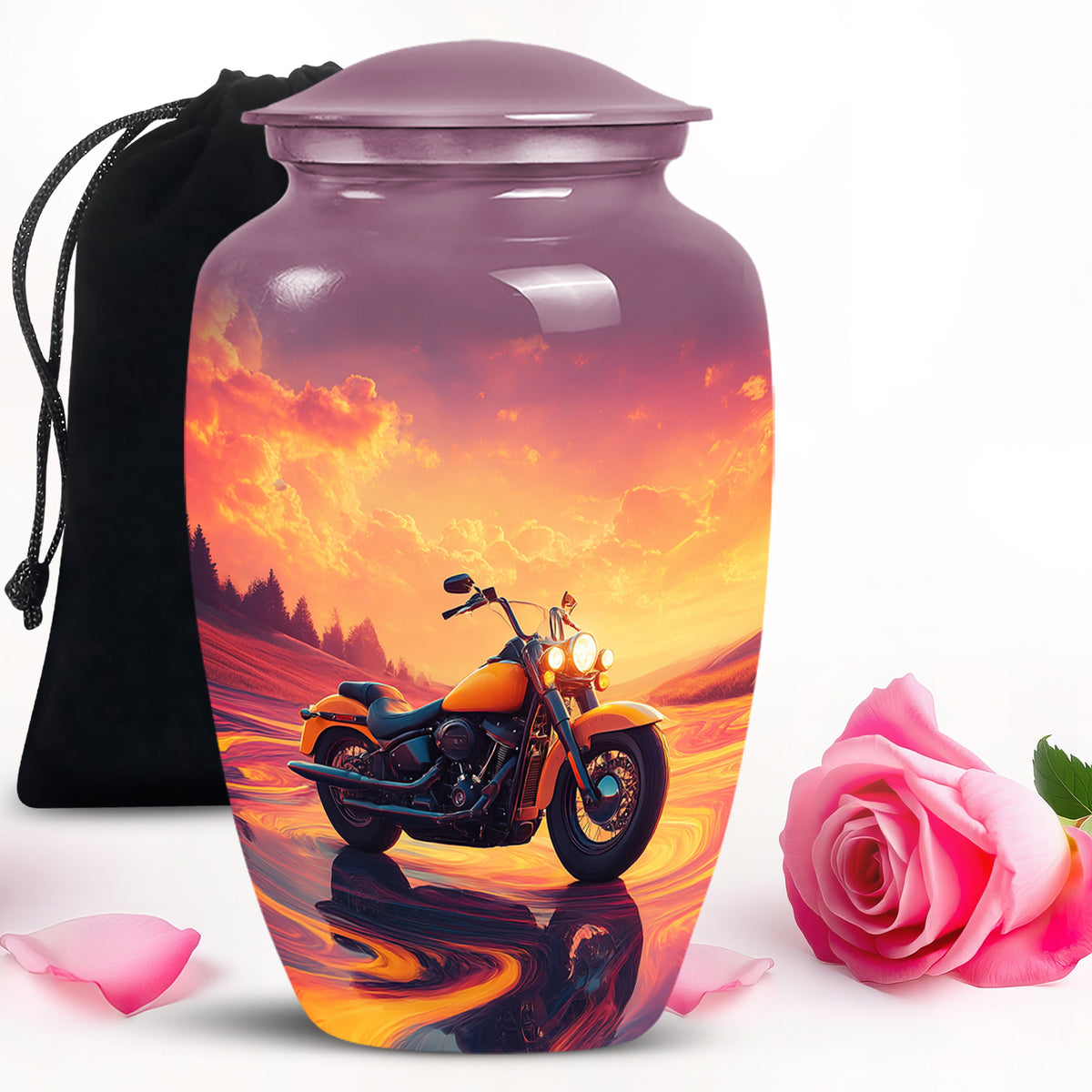 Blush Pink Bike Cremation Urn angled view of lid and engraved motif - classic sculpted bike pattern on smooth aluminum - full-size 10 inch 200 cubic inch adult cremation urn