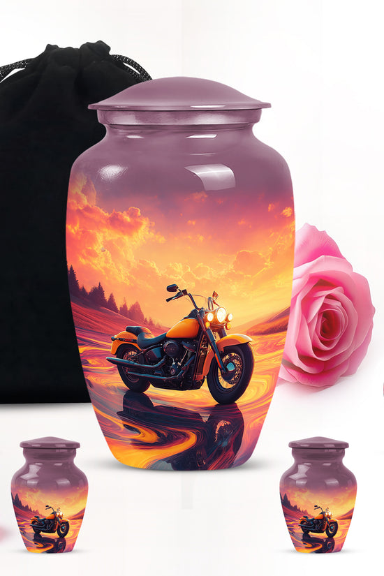 Soft Pink Bike Cremation Urn top-down view of secure threaded lid - traditional bike engraving with hand-polished finish - memorial set with one large and four small urns