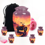 Soft Pink Bike Cremation Urn top-down view of secure threaded lid - traditional bike engraving with hand-polished finish - memorial set with one large and four small urns