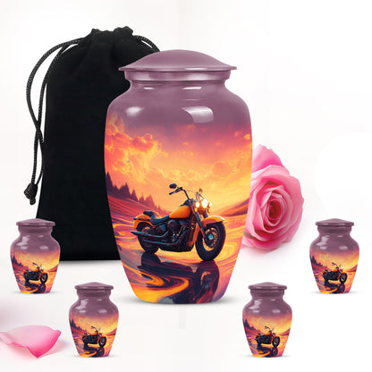 Soft Pink Bike Cremation Urn top-down view of secure threaded lid - traditional bike engraving with hand-polished finish - memorial set with one large and four small urns