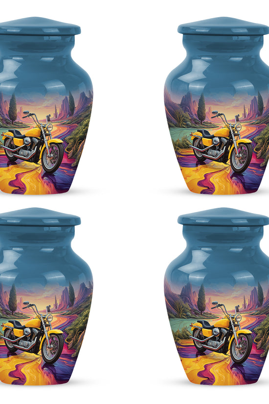 Sky Blue Bike Cremation Urn side profile showing urn shape - timeless bike motif etched into premium metal - 10 inch aluminum urn for cremated remains