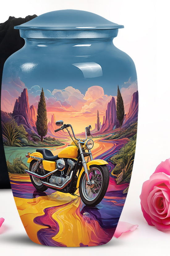 Bright Blue Bike Cremation Urn angled view of lid and engraved motif - traditional bike engraving with hand-polished finish - full-size 10 inch 200 cubic inch adult cremation urn