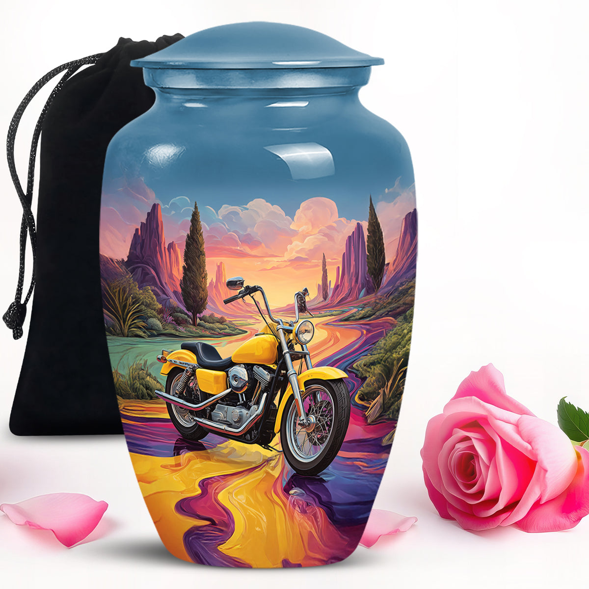 Bright Blue Bike Cremation Urn angled view of lid and engraved motif - traditional bike engraving with hand-polished finish - full-size 10 inch 200 cubic inch adult cremation urn