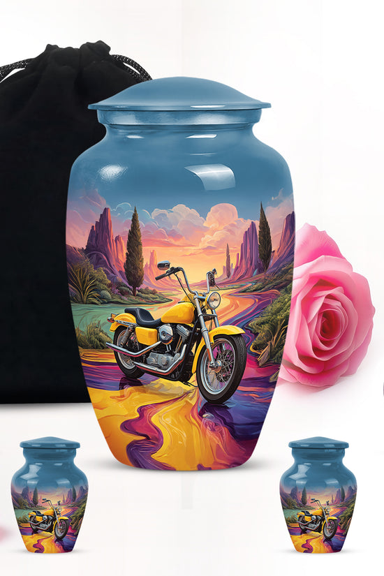 Cornflower Blue Bike Cremation Urn top-down view of secure threaded lid - elegant classic bike relief with fine detailing - memorial set with one large and four small urns