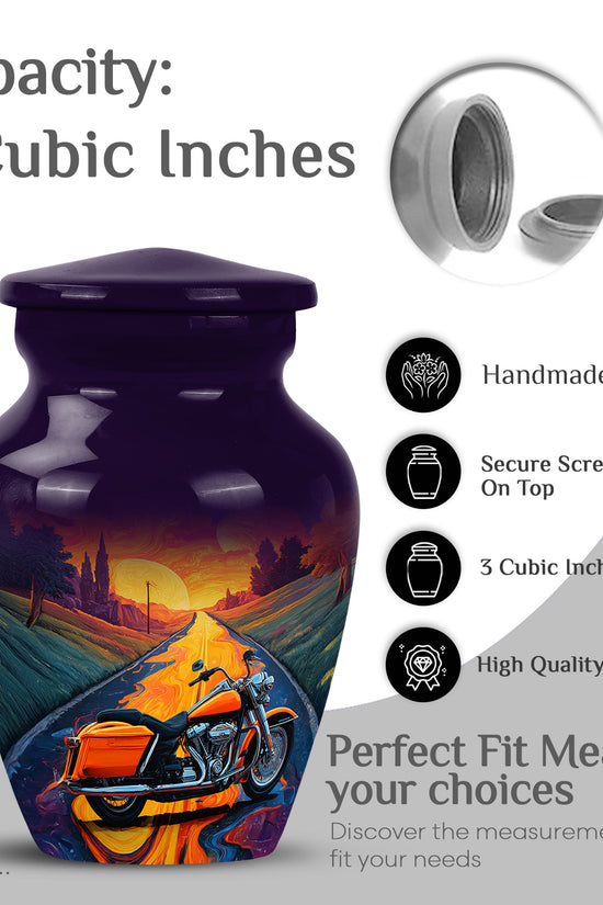Plum Purple Bike Cremation Urn close-up of engraving and surface detail - timeless bike motif etched into premium metal - mini keepsake memorial for portion of cremation ashes