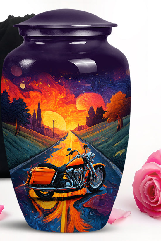 Lavender Purple Bike Cremation Urn angled view of lid and engraved motif - elegant classic bike relief with fine detailing - full-size 10 inch 200 cubic inch adult cremation urn