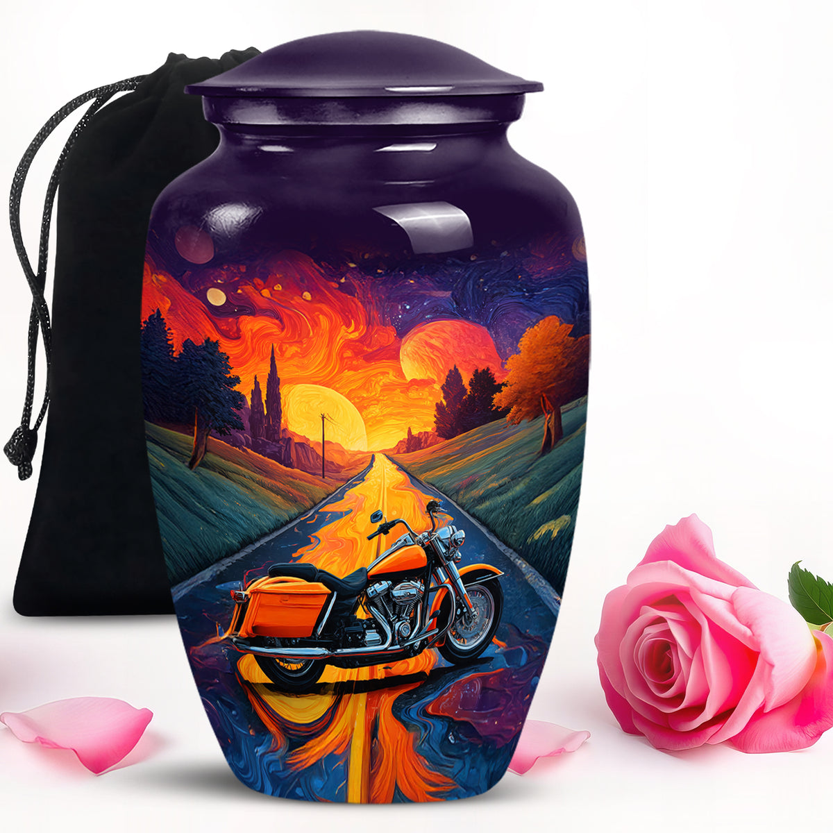 Lavender Purple Bike Cremation Urn angled view of lid and engraved motif - elegant classic bike relief with fine detailing - full-size 10 inch 200 cubic inch adult cremation urn