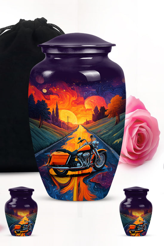Royal Purple Bike Cremation Urn top-down view of secure threaded lid - traditional bike engraving with hand-polished finish - memorial set with one large and four small urns