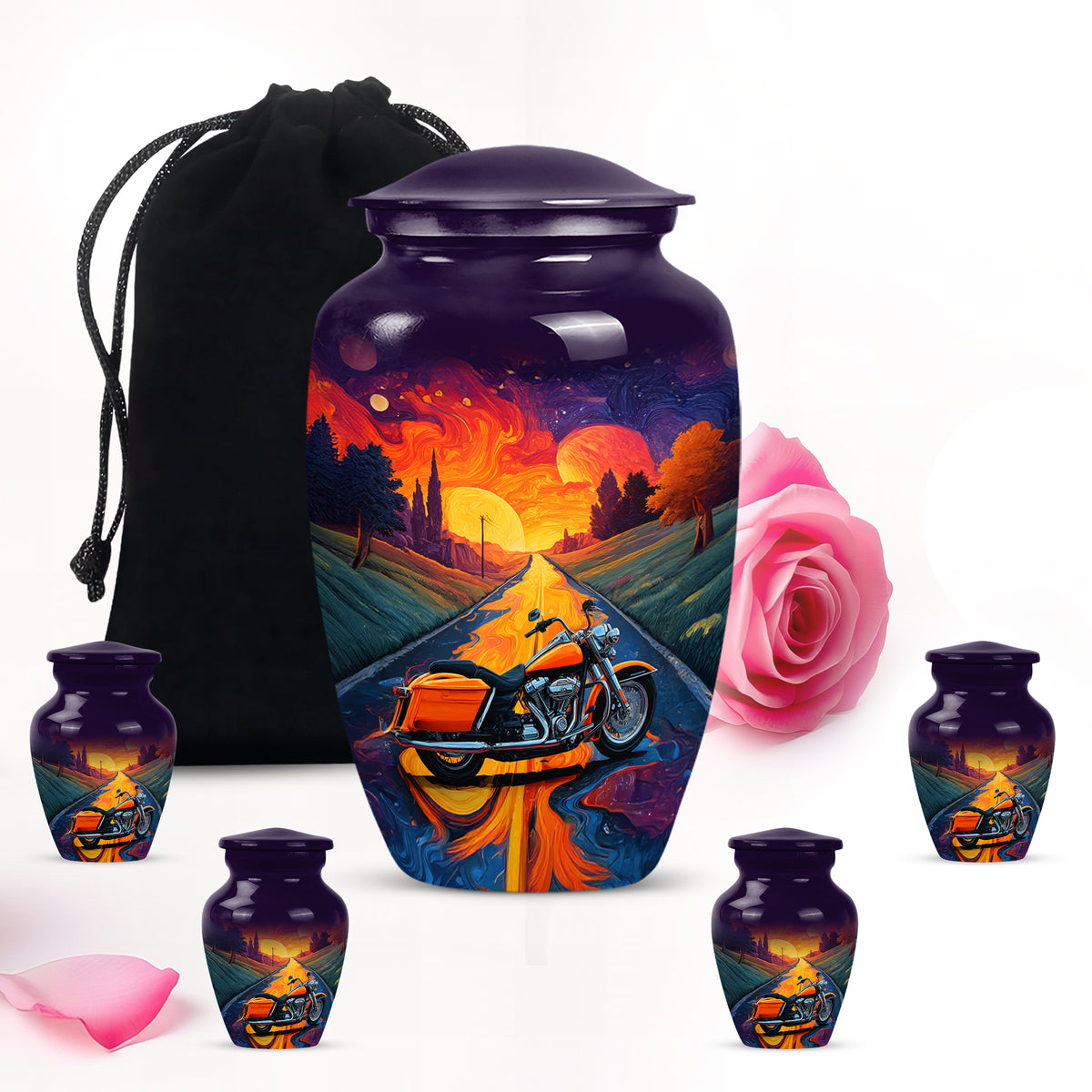 Royal Purple Bike Cremation Urn top-down view of secure threaded lid - traditional bike engraving with hand-polished finish - memorial set with one large and four small urns