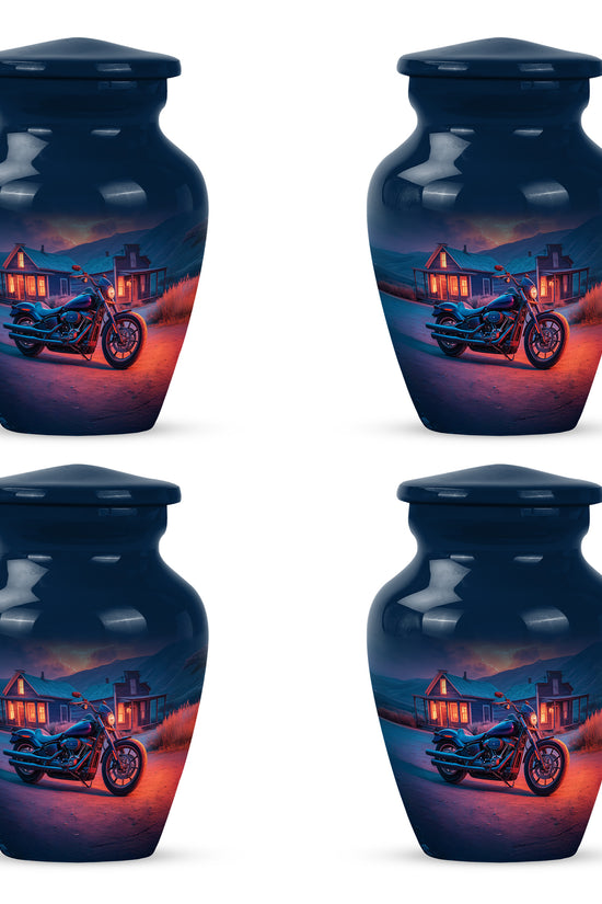 Slate Blue Bike Cremation Urn side profile showing urn shape - timeless bike motif etched into premium metal - 10 inch aluminum urn for cremated remains