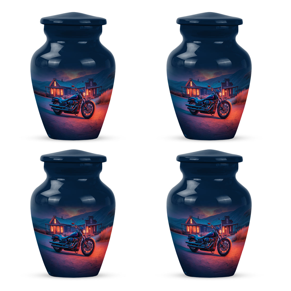 Slate Blue Bike Cremation Urn side profile showing urn shape - timeless bike motif etched into premium metal - 10 inch aluminum urn for cremated remains